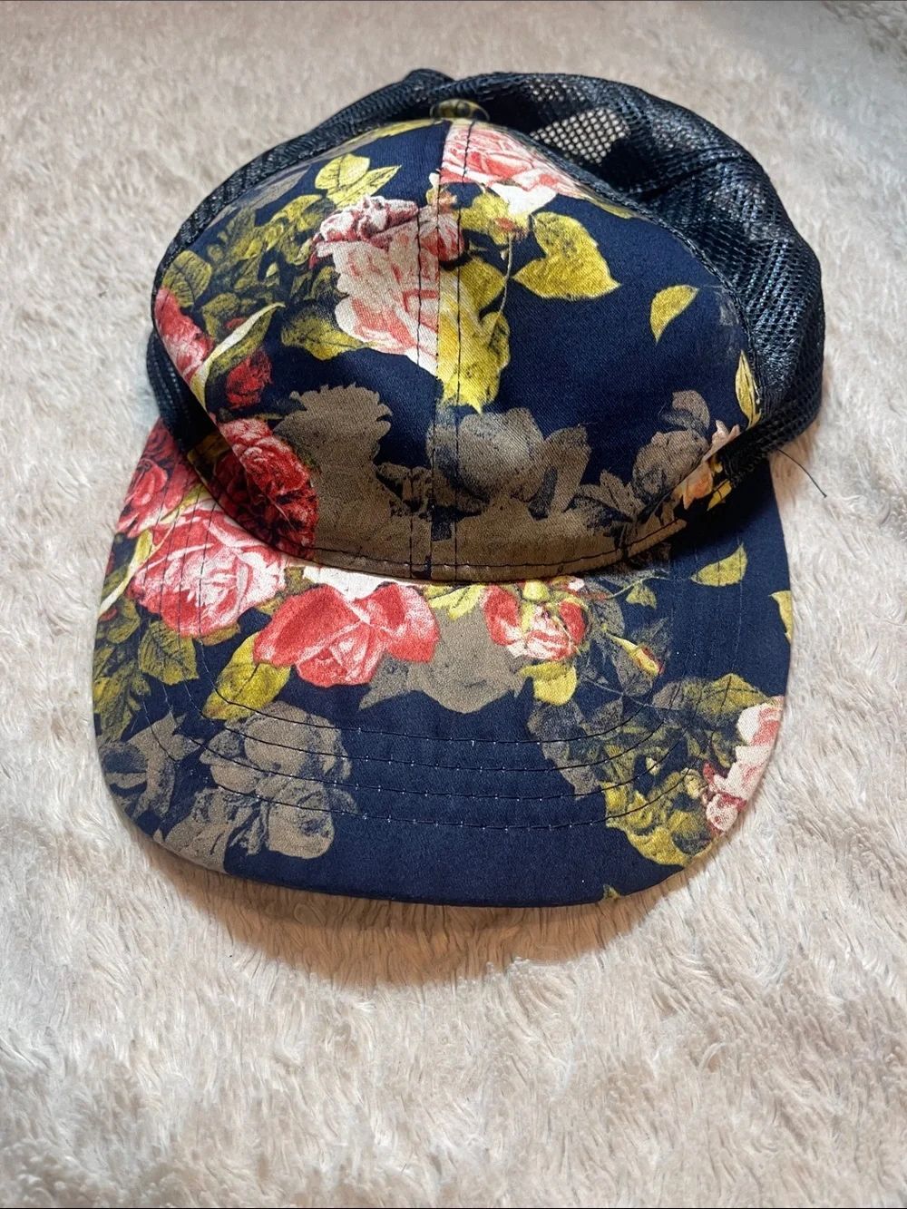 Floral Mesh Trucker Hat - Navy with Pink & Green Roses